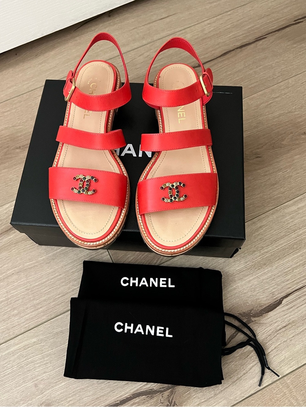 CHANEL Coral Red Leather Calfskin Jewel CC Flat Strappy Sandals size 40 EU